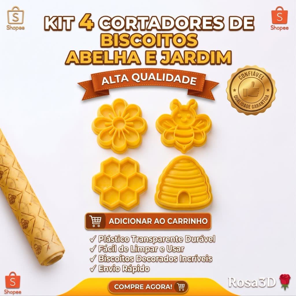 Kit Abelha e Jardim — 4 Cortadores de Biscoito