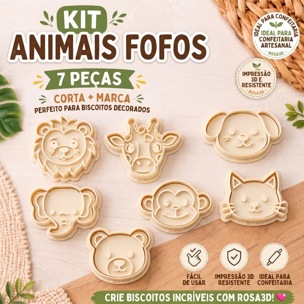 Kit Animais Fofos — 7 Cortadores e Moldes 3D